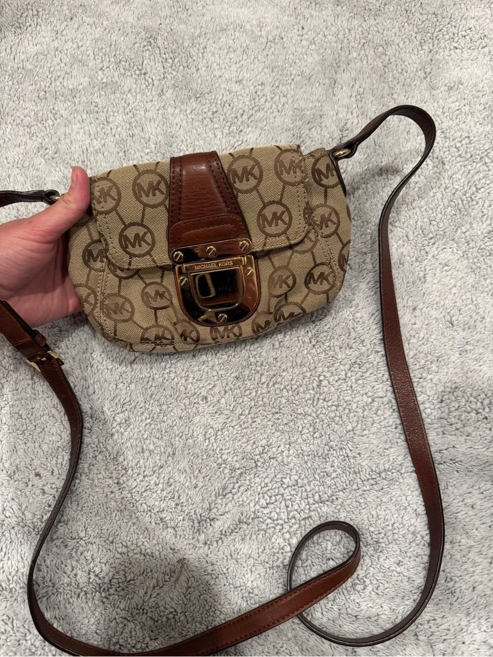 Michael Kors Beige and Brown Logo Crossbody with Gold Hardware